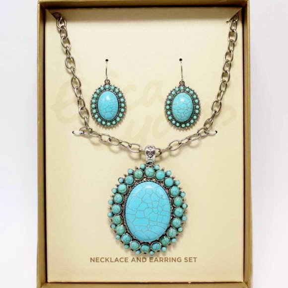 Erica Lyons Set Necklace & Earrings Faux Turquoise & Silver 20" Gift Boxed NIB - Picture 1 of 6